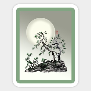 SumiE ink and watercolor chinese fir trees under a full moon Sticker